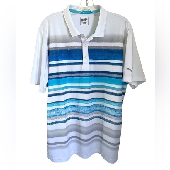 Puma Polo  Golf Shirt Dry Cell White with Blue Stripes Mens Lg - Picture 1 of 13